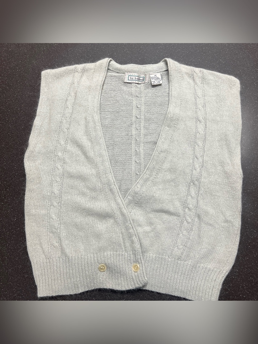 VTG Liz Baker Silk Angora Sweater Vest M Gray Cable Knit Cardigan V-Neck Layer